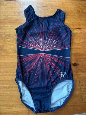 GK Elite Girls size 16 Simone Biles Leotard with Red Burst and Rhinestones